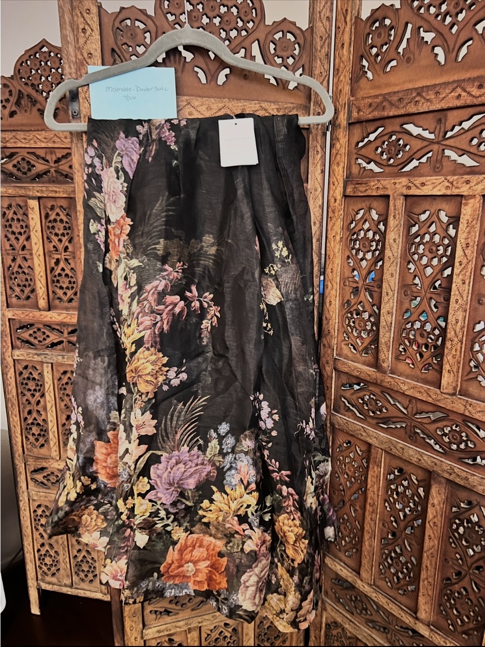Black Floral A-Line Midi Skirt with Multicolor Bouquet - Picture 3 of 5